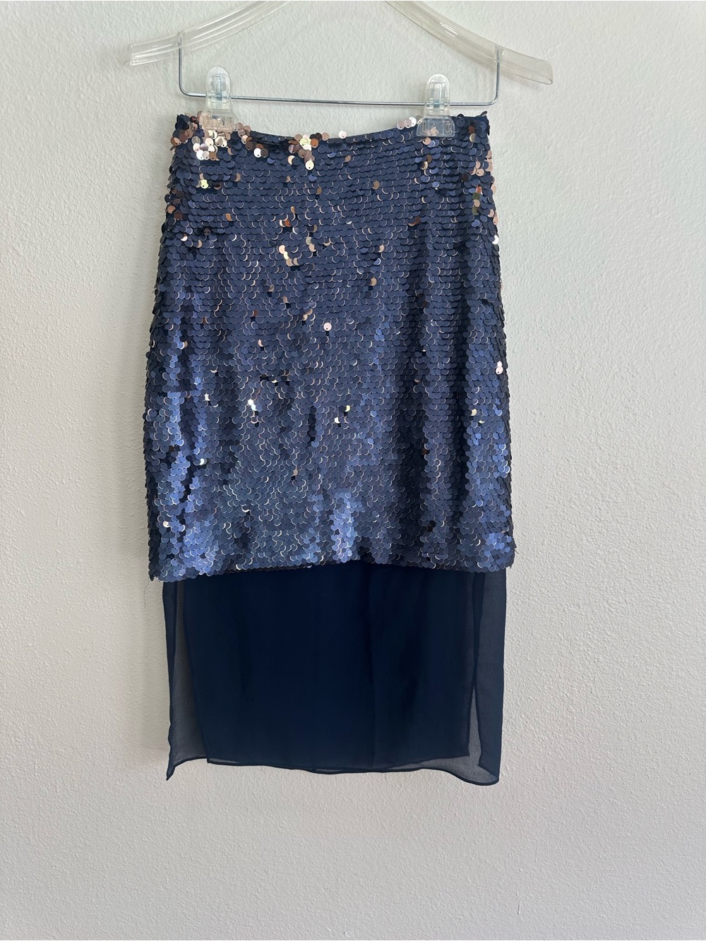 KEEPSAKE  Navy & Gold Sequin Pencil Skirt chiffon underskirt Sz Small